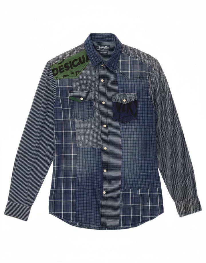 DESIGUAL Camiseta masculina regular fit gráfica pequena azul patchwork algodão