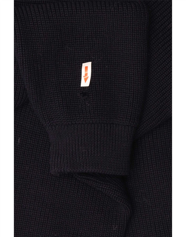 Suéter cardigã masculino vintage de lã virgem azul marinho médio