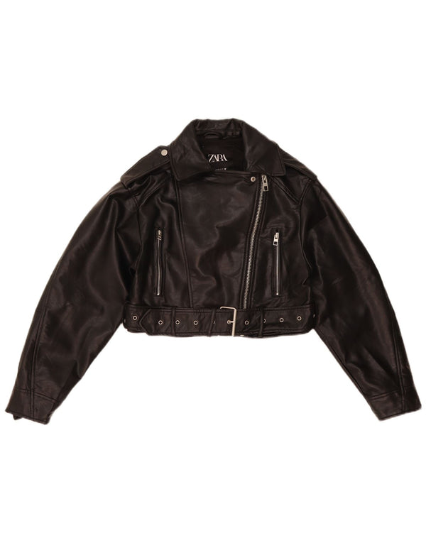 Zara Jaqueta feminina de couro sintético para motociclista UK 6 XS poliéster preto