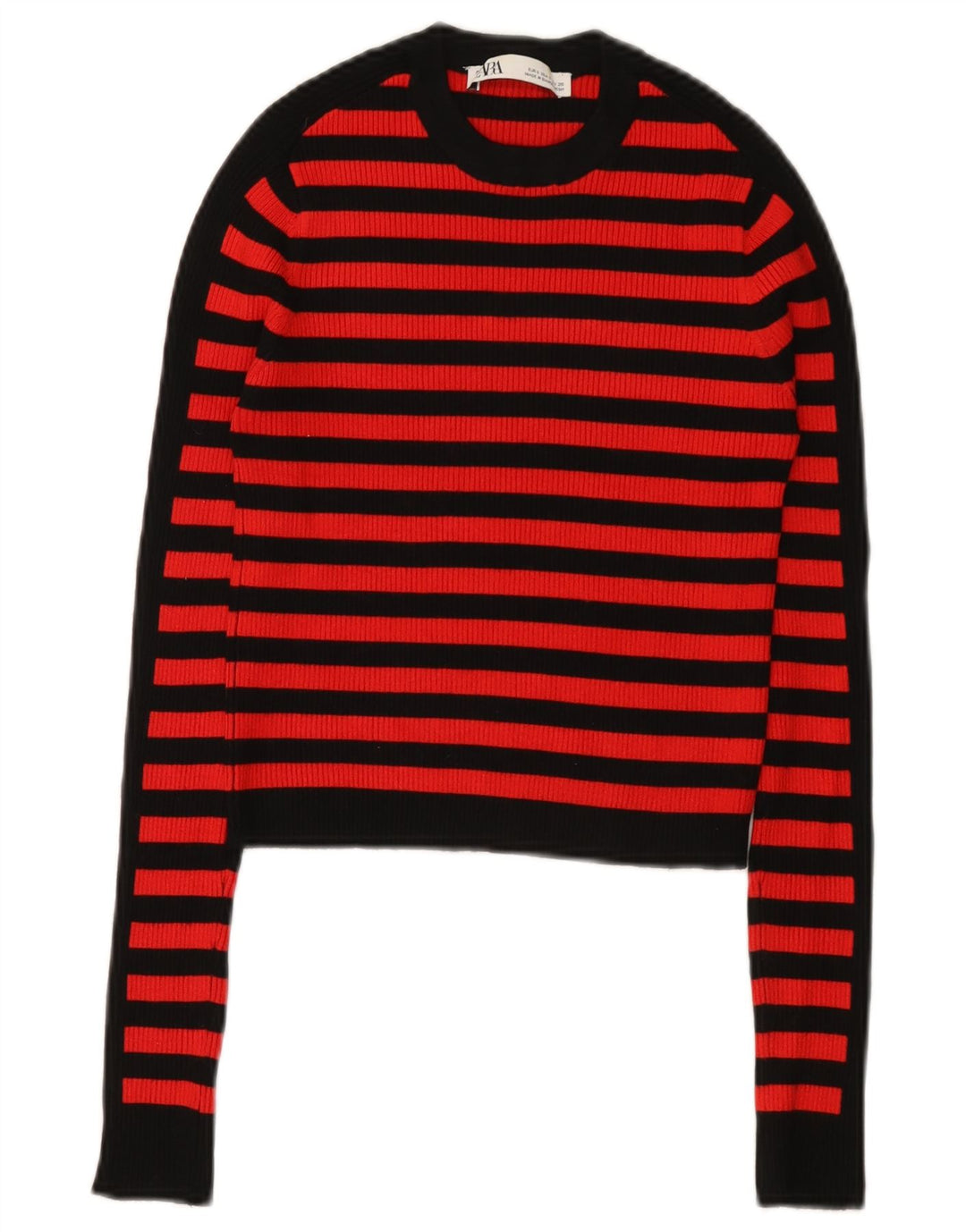 Zara Top curto feminino manga comprida Reino Unido 8 viscose listrada vermelha pequena