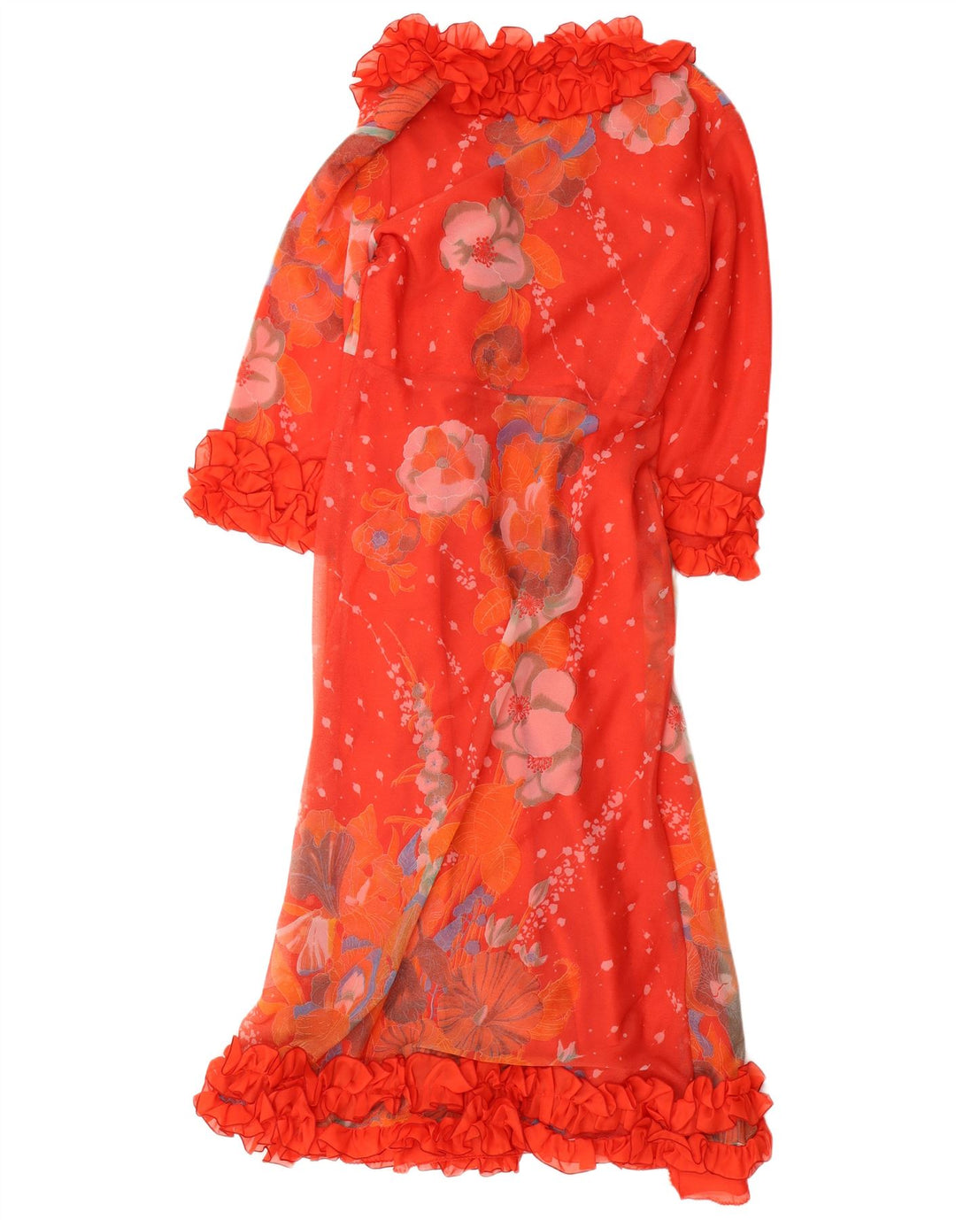 Vestido maxi feminino VINTAGE com babados e roupão uk 12 floral vermelho médio