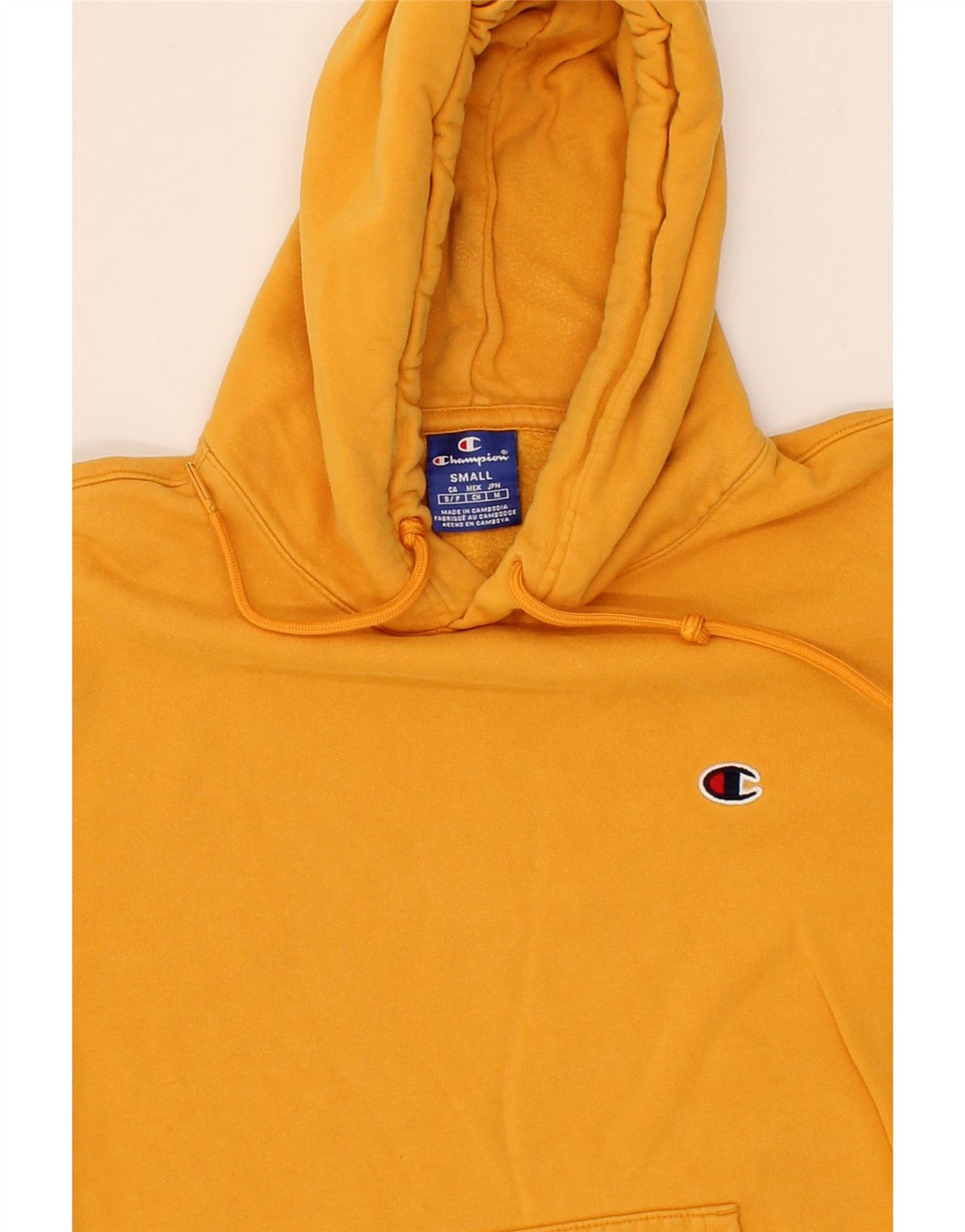 CHAMPION Mens Graphic Hoodie Jumper Small Yellow Cotton Vintage Champion and Second-Hand Champion from Messina Hembry 