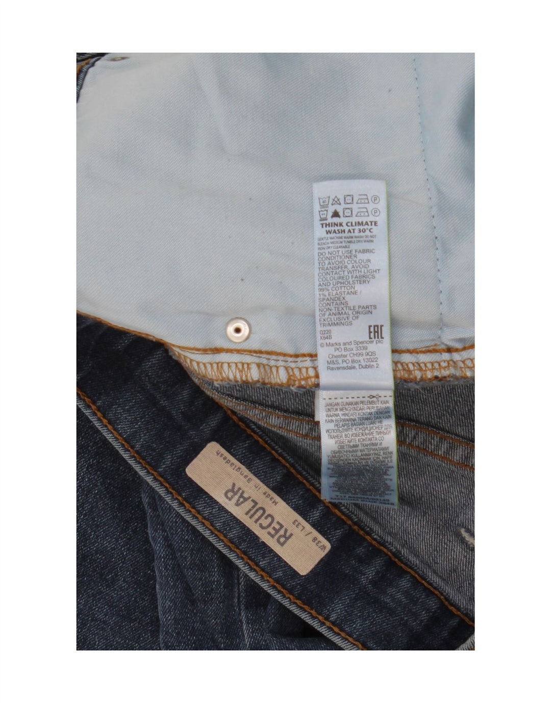 Calça jeans reta regular masculina Marks & Spencer W38 L33 algodão azul