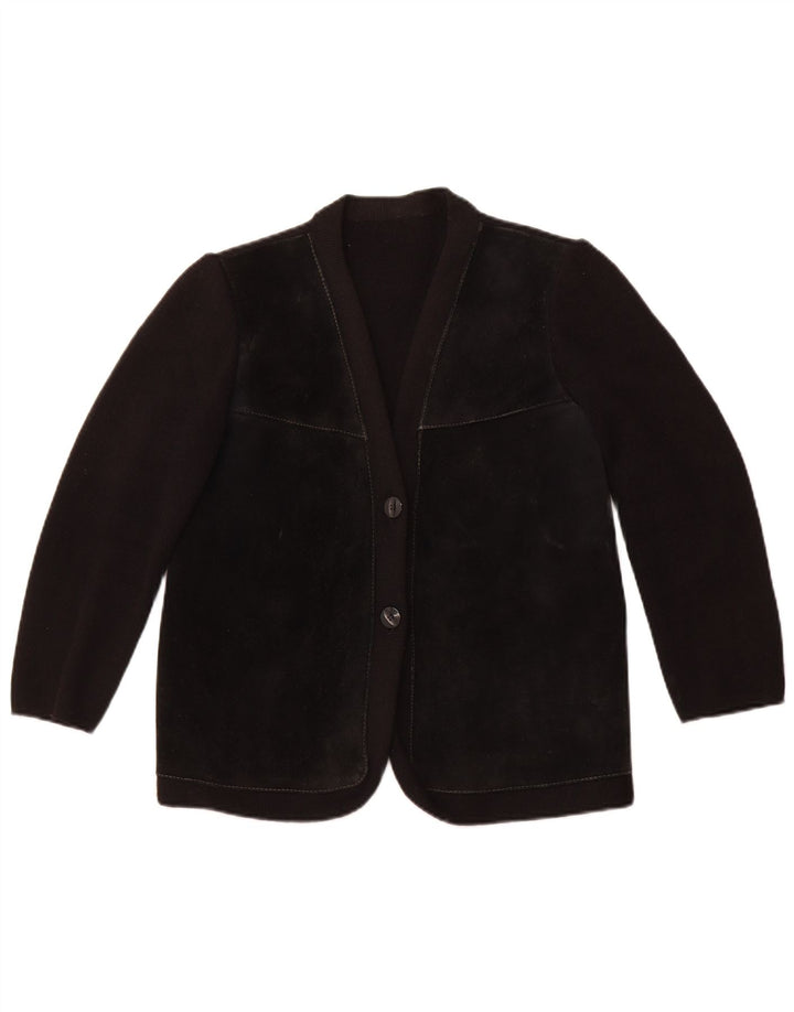 Suéter cardigã feminino VINTAGE UK 12 bloco colorido preto médio