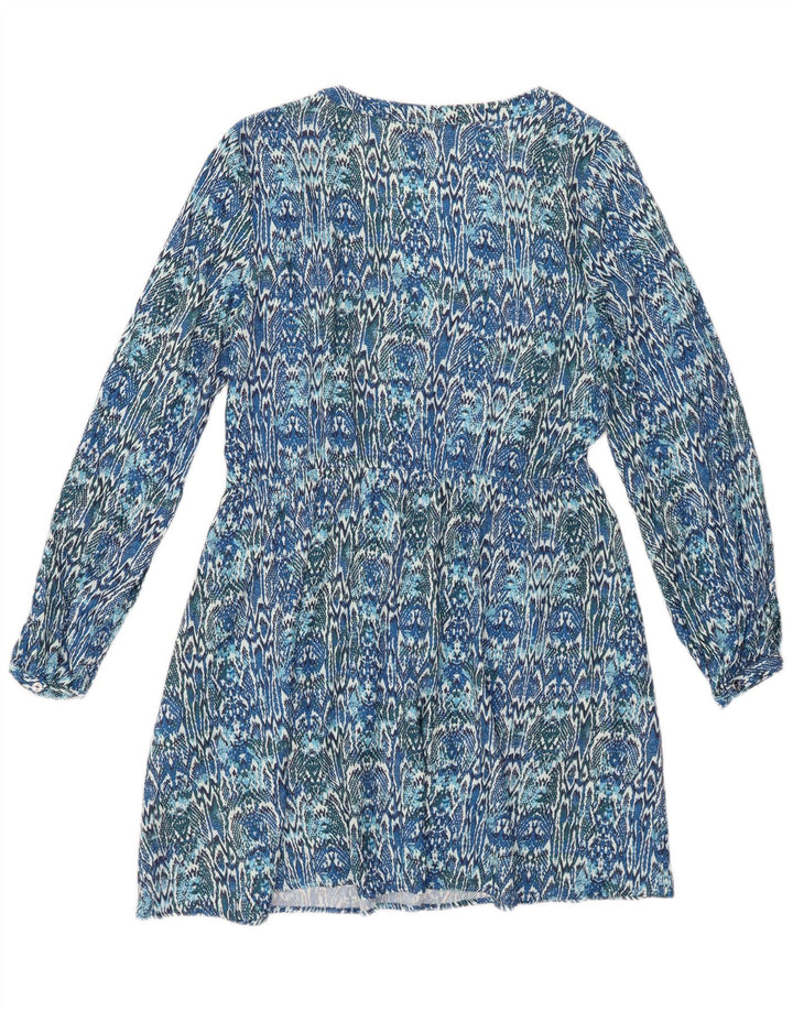 Vestido feminino ZARA manga comprida evasê Reino Unido 10 pequeno azul Ikat Viscose