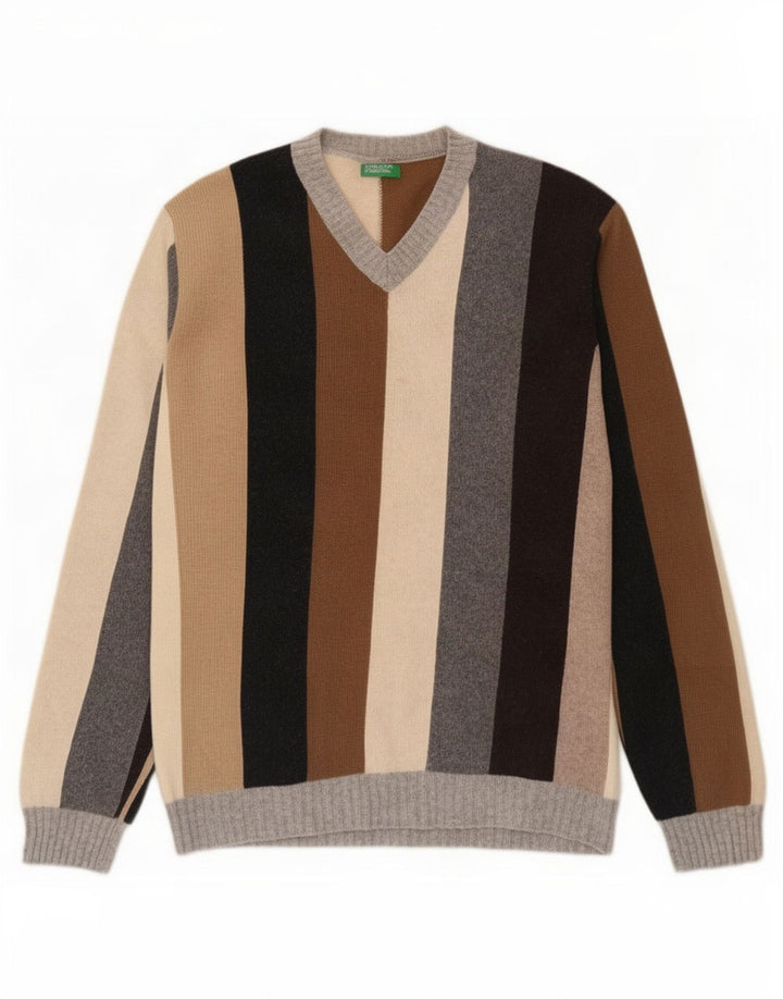 Suéter masculino Benetton com decote em V grande listrado multicolorido