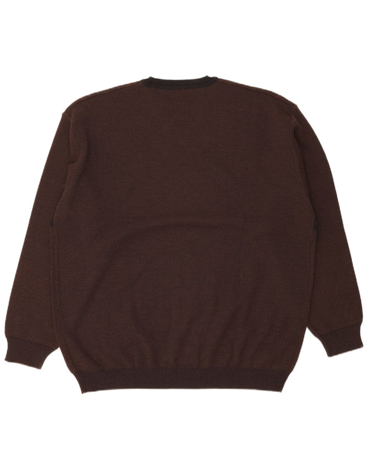 VINTAGE Mens V-Neck Jumper Sweater IT 56 2XL Brown Check Wool