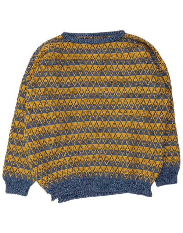 Suéter vintage masculino com gola canoa grande azul geométrico