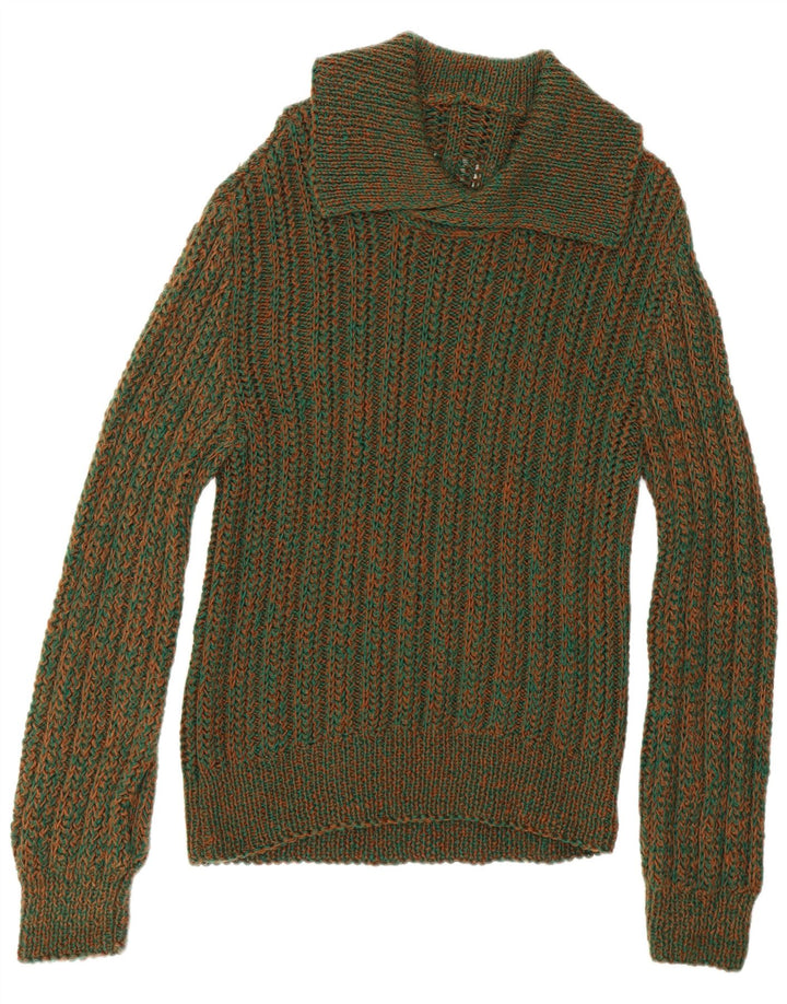 Suéter masculino vintage com gola polo, verde médio manchado