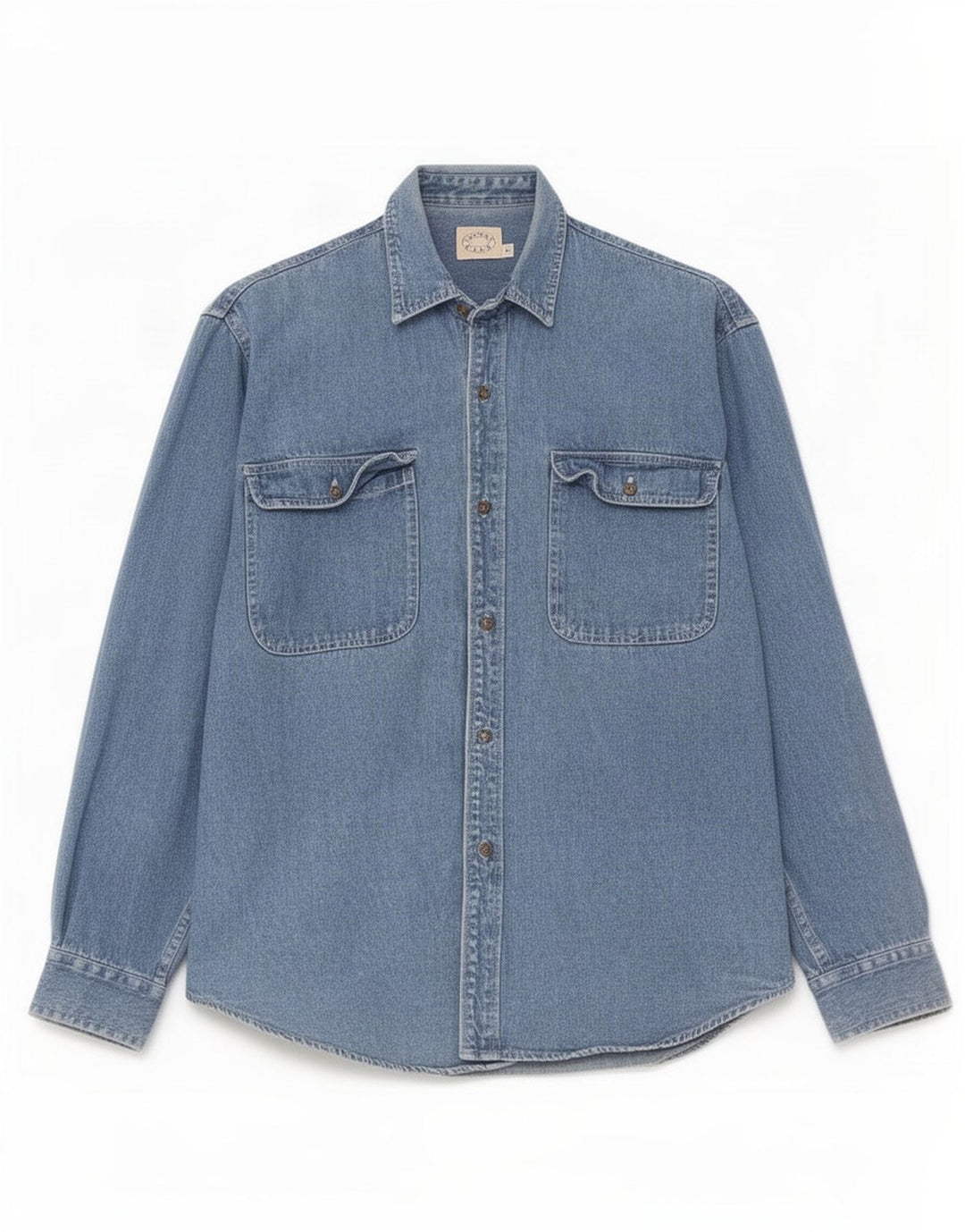 Camisa jeans masculina vintage de ajuste regular pequeno algodão azul