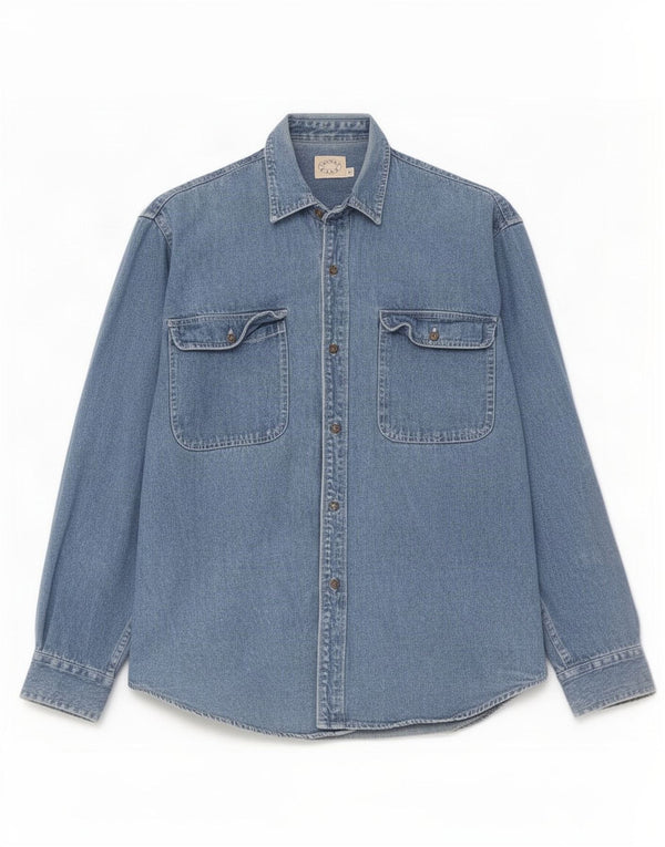 Camisa jeans masculina vintage de ajuste regular pequeno algodão azul