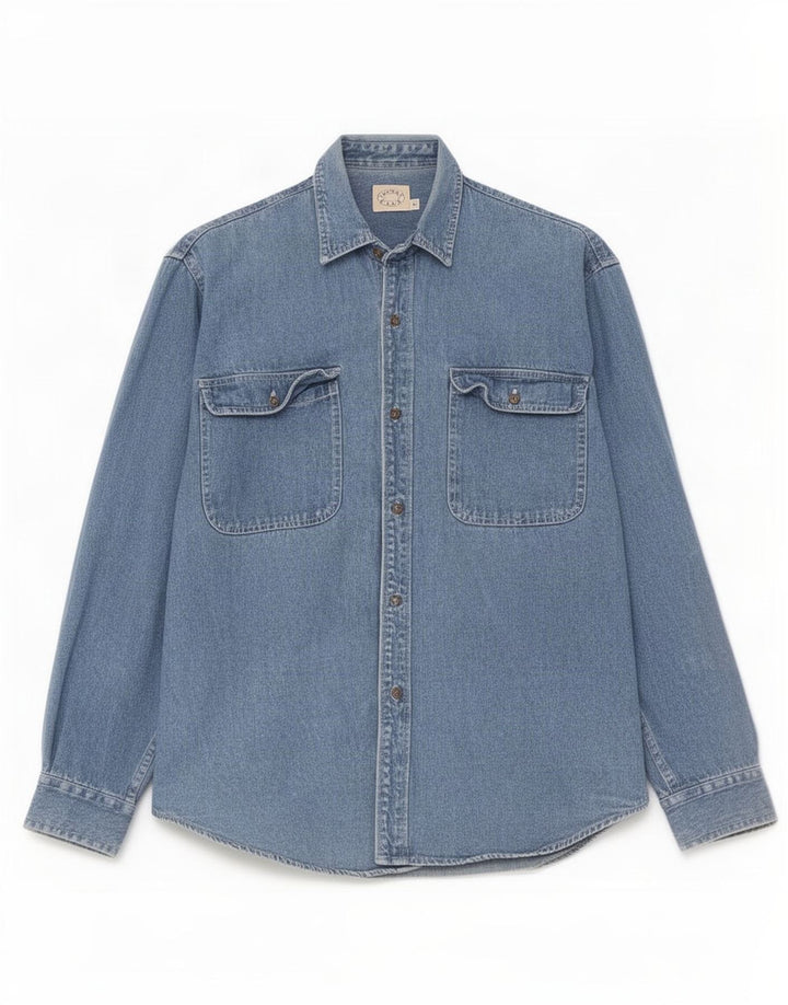 Camisa jeans masculina vintage de ajuste regular pequeno algodão azul