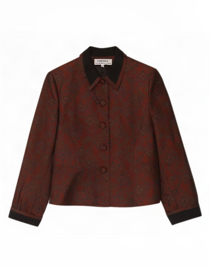 Jaqueta blazer feminina vintage com 5 botões Reino Unido 10 lã floral marrom pequena