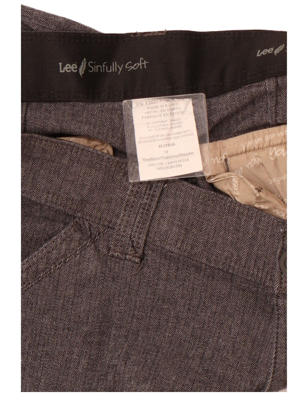 Calça feminina casual reta LEE EUA 12 grande W32 L31 espinha de peixe cinza