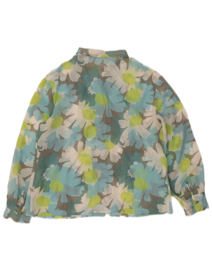 Blusa feminina VINTAGE manga 3/4 UK 14 grande floral multicolorida