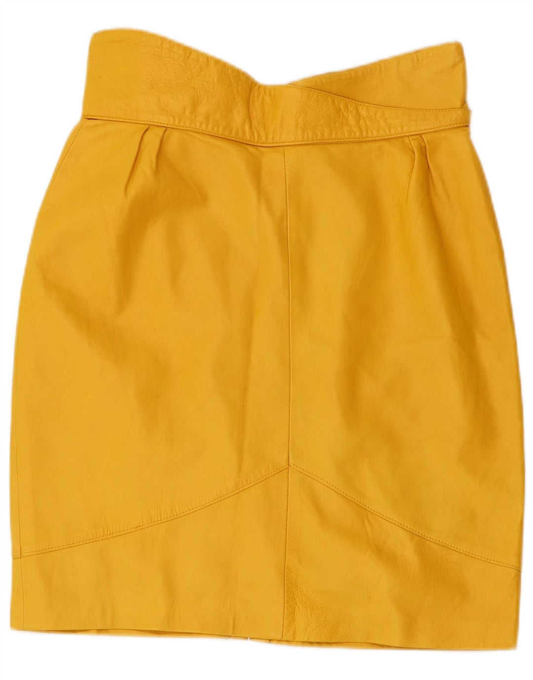 Saia feminina de couro de cintura alta VINTAGE Reino Unido 16 grande W30 couro amarelo