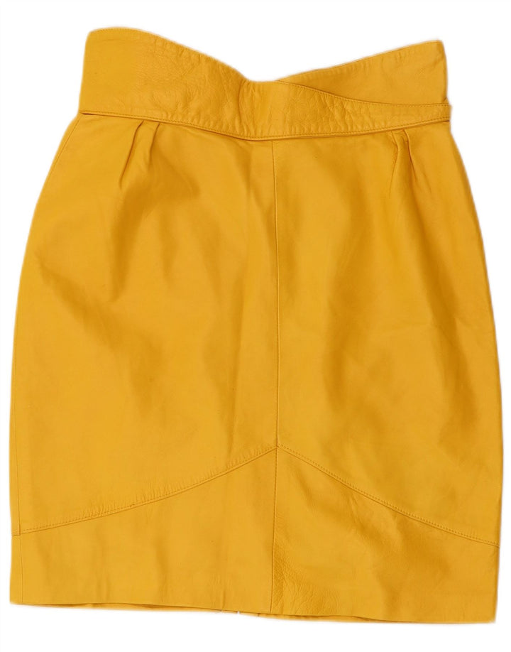 Saia feminina de couro de cintura alta VINTAGE Reino Unido 16 grande W30 couro amarelo