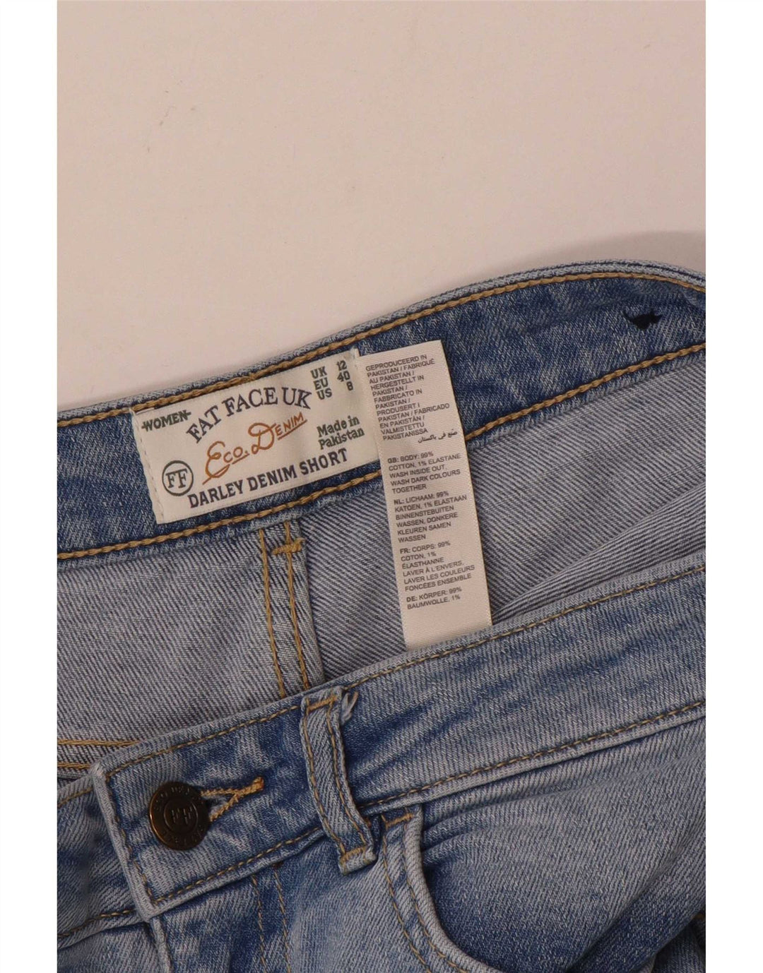Shorts jeans femininos Fat Face desgastados Reino Unido 12 médio W30 algodão azul