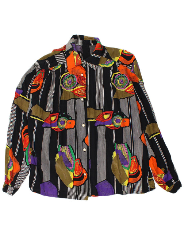 Blusa feminina vintage com estampa gráfica Reino Unido 16 grande viscose listrada preta