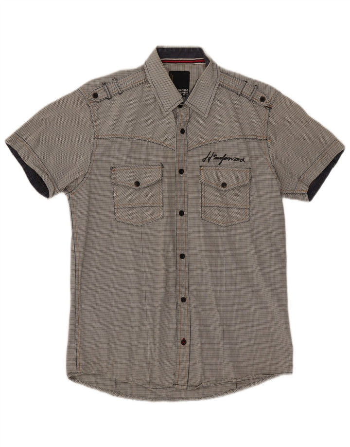 Camisa masculina de manga curta com estampa militar Jack & Jones xadrez cinza médio