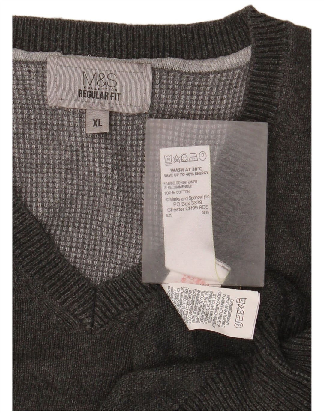 Suéter masculino Marks & Spencer com ajuste regular e decote em V XL algodão cinza