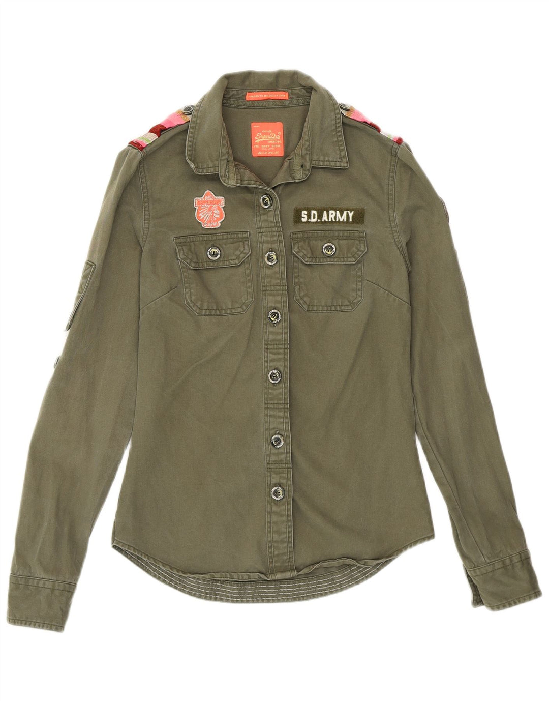 Camisa jeans militar feminina SUPERDRY UK 6 XS algodão cáqui