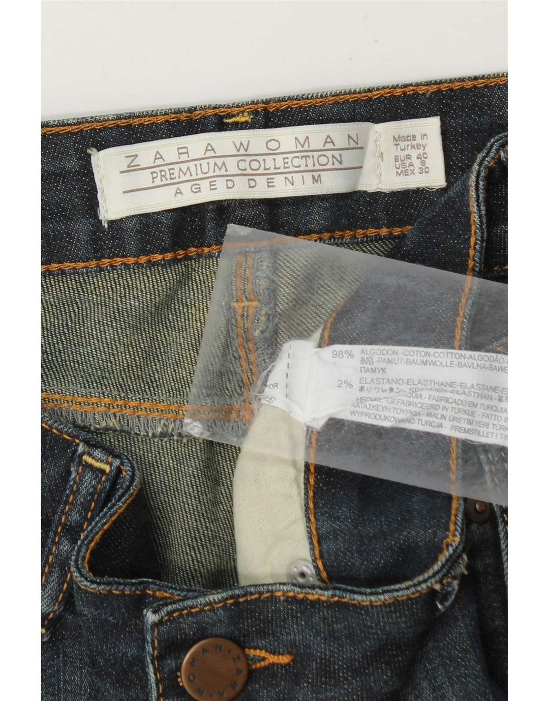 Zara Jeans femininos desgastados Slim EU 40 médio W30 L31 algodão azul marinho