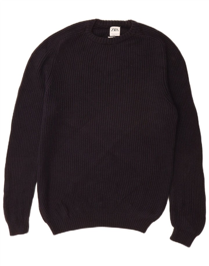 Zara Suéter masculino com gola redonda e algodão azul marinho médio