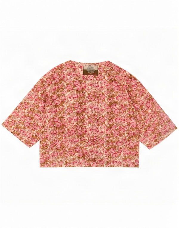 Blusa feminina vintage de manga curta UK 14 Floral rosa médio