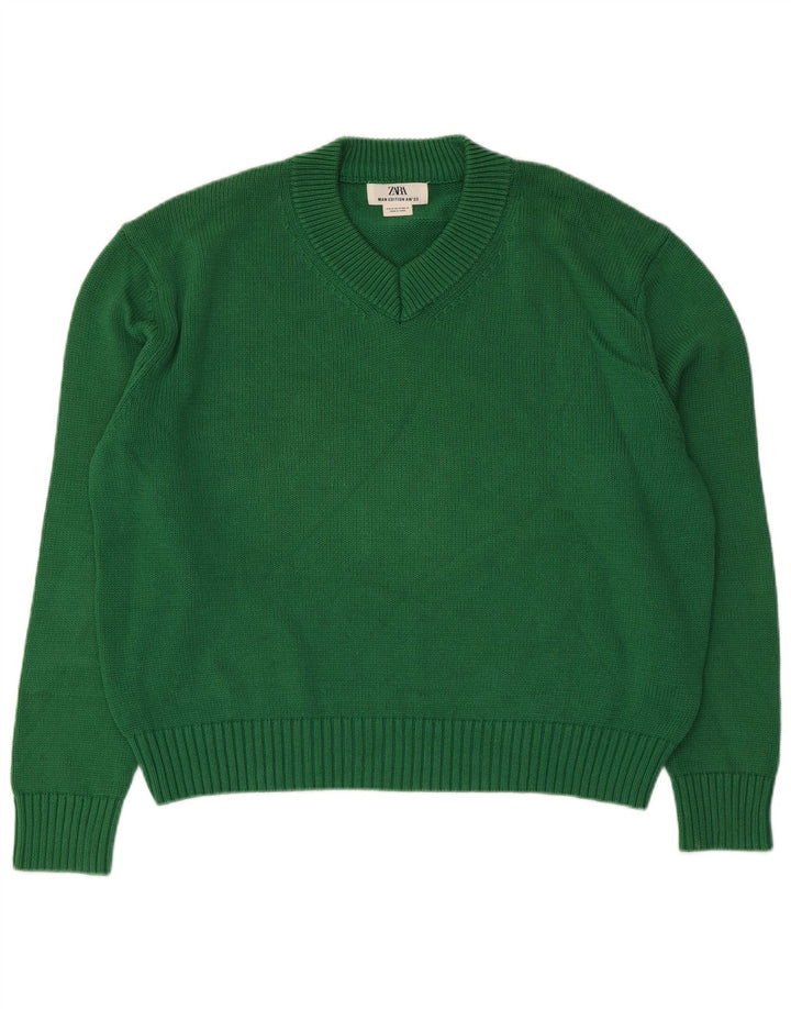 Zara Suéter feminino oversized com decote em V Reino Unido 14 algodão verde médio