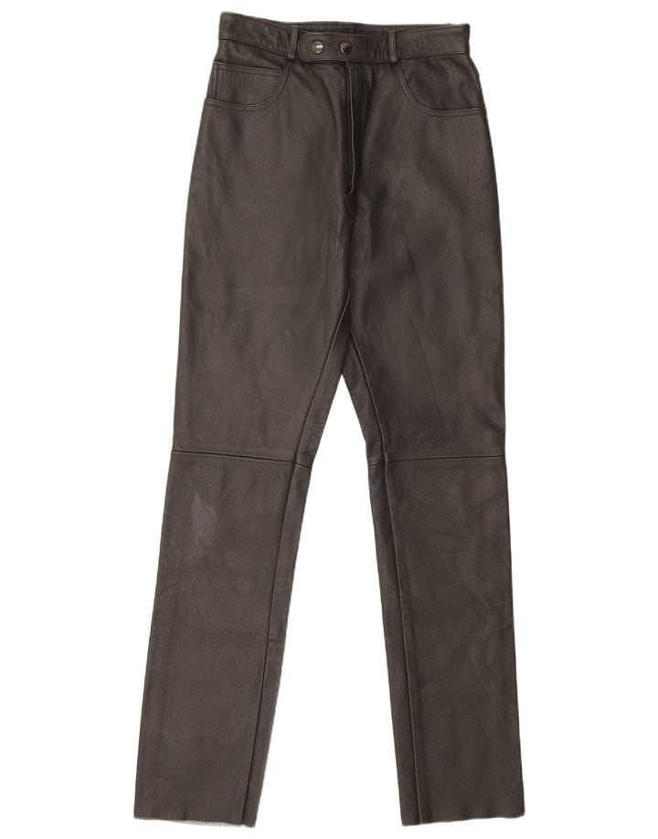 Calças de couro retas femininas vintage W26 L32 pretas