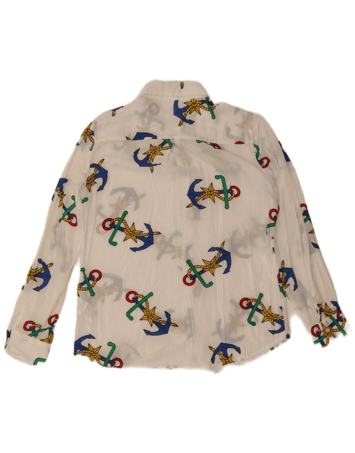 Camisa feminina Benetton com padrão abstrato Reino Unido 16 grande branco modal