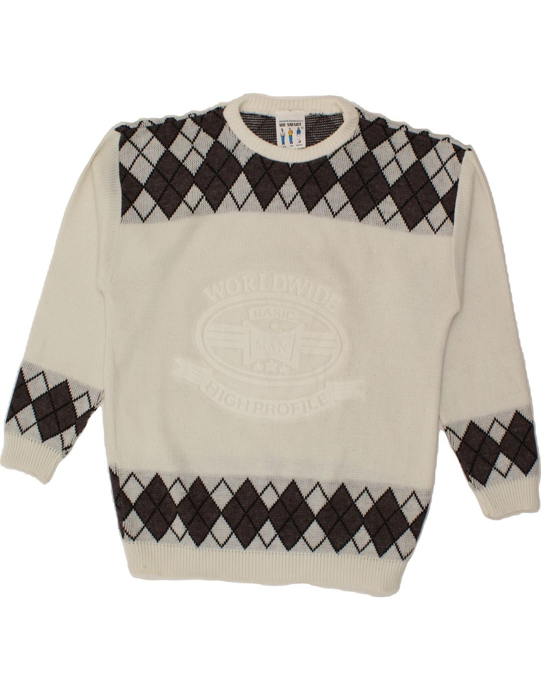 VINTAGE Mens Graphic Boat Neck Jumper Sweater XL White Argyle/Diamond Vintage Vintage and Second-Hand Vintage from Messina Hembry 