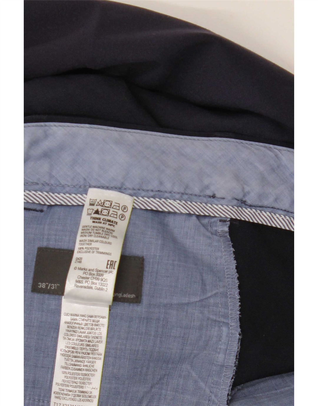 Calça masculina reta regular Marks & Spencer W38 L31 azul marinho