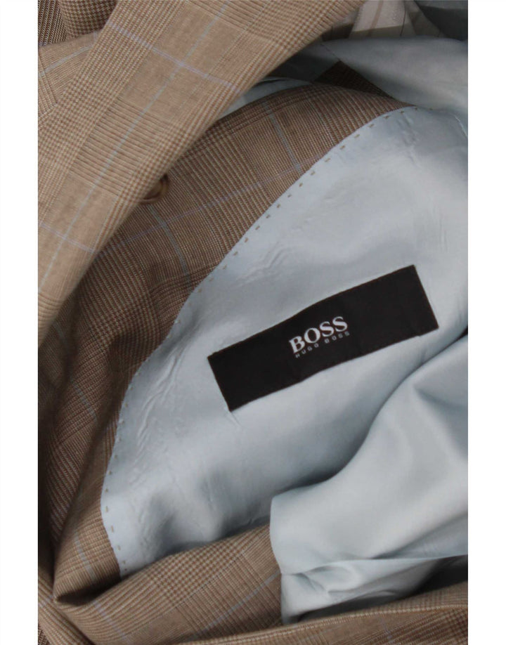 Jaqueta blazer masculina de 2 botões Hugo Boss EU 48 lã virgem xadrez marrom médio