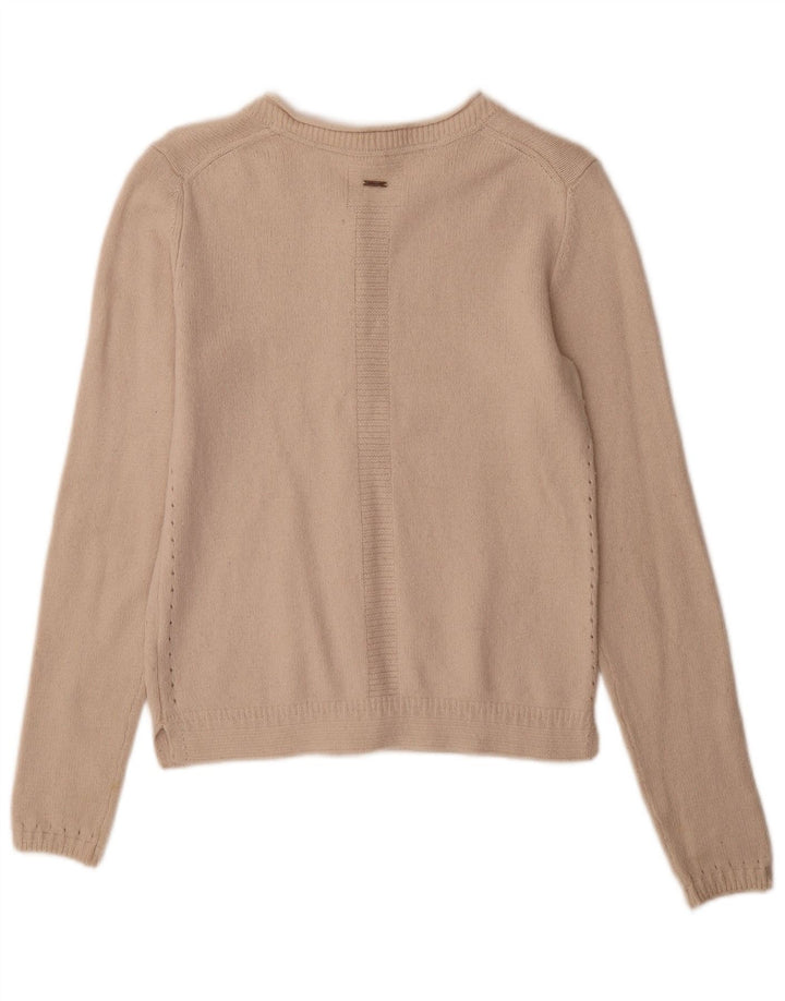 Suéter de cardigã feminino branco material UK 8 pequeno fora de nylon