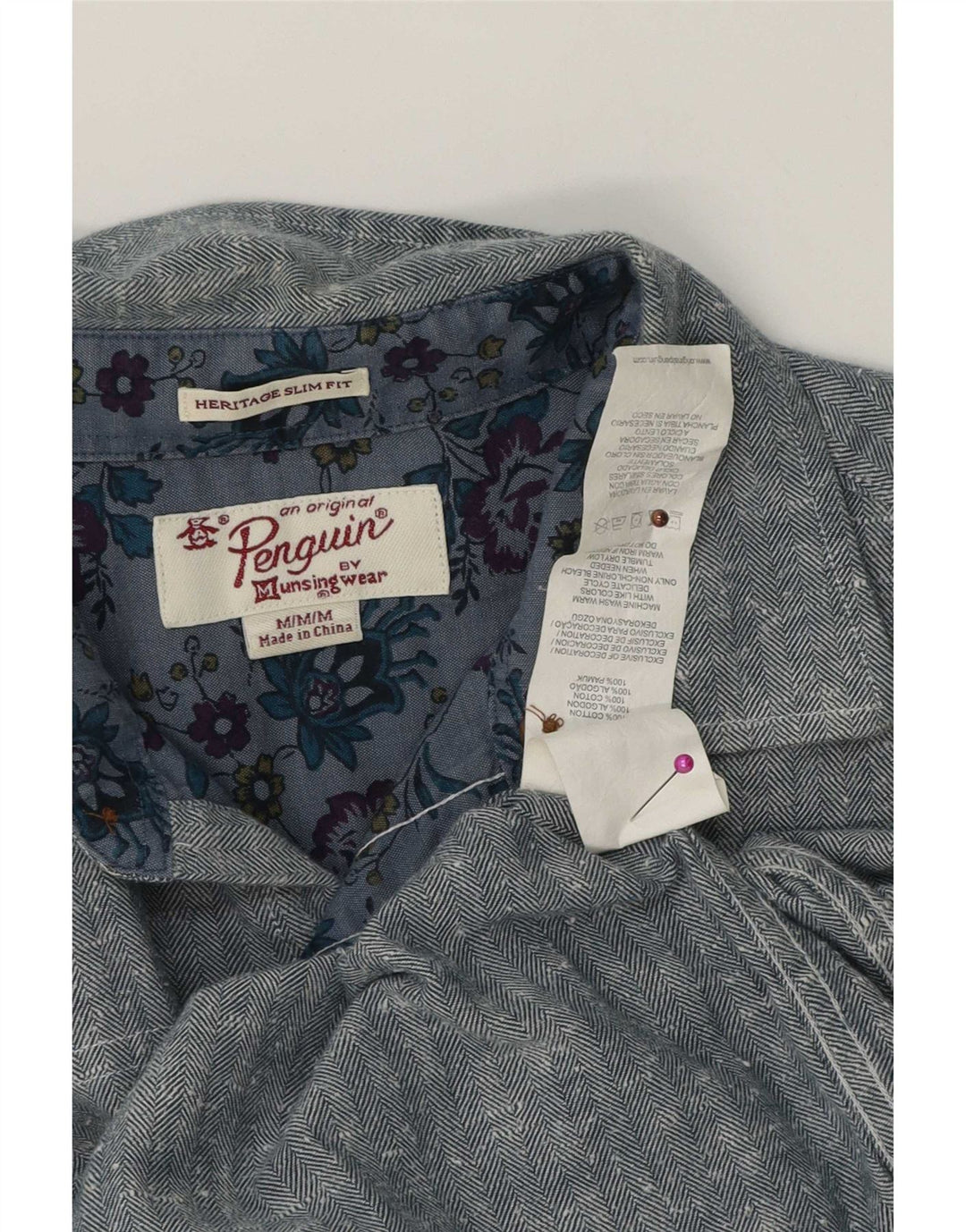 Camisa masculina Penguin Heritage Slim Fit azul médio de algodão espinha de peixe