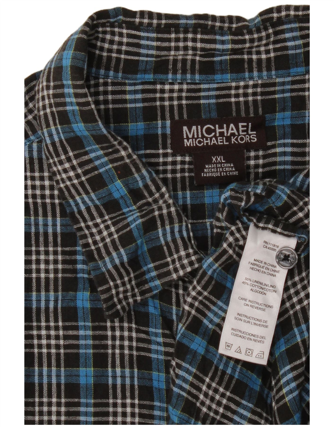 Camisa masculina de manga curta Michael Kors 2XL linho xadrez azul