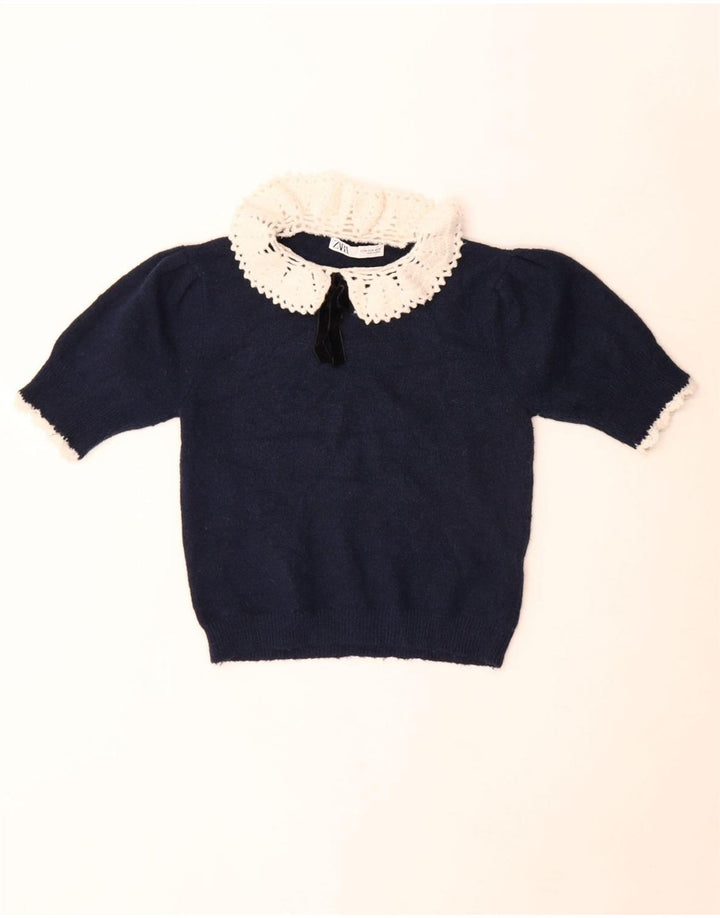 Zara Womens Knit Crop Top UK 12 Médio Azul Marinho Poliéster