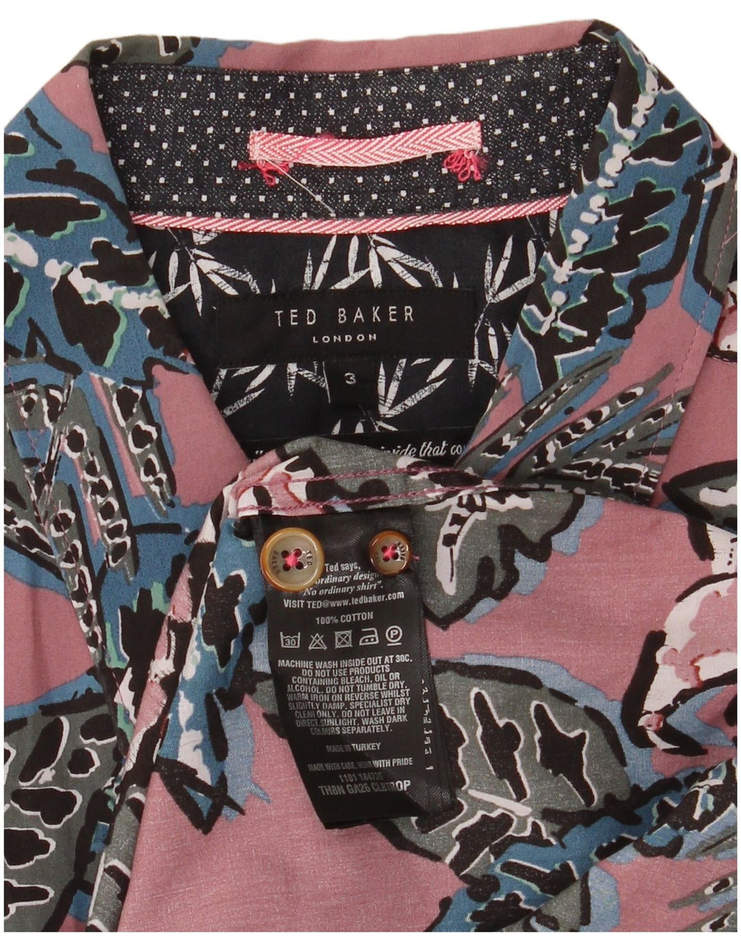 Camisa masculina de manga curta Ted Baker tamanho 3 algodão floral rosa médio