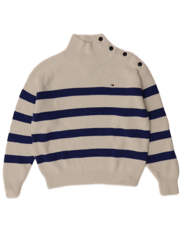 Tommy Hilfiger Suéter feminino com gola redonda e gola redonda, 13-14 anos, listrado branco