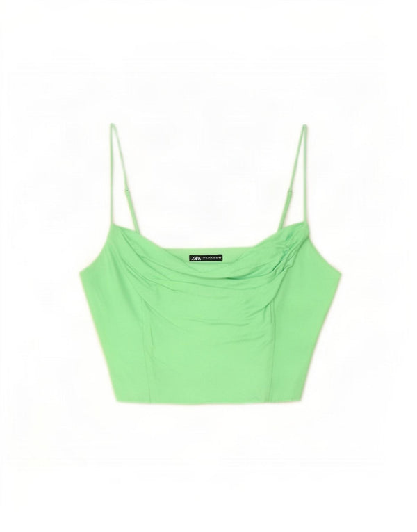 Top feminino Zara Crop Cami UK 12 viscose verde médio