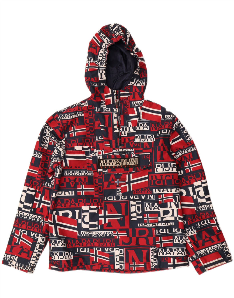 NAPAPIJRI Boys Hooded Anorak Jacket 13-14 Years Red Geometric Polyester Vintage Napapijri and Second-Hand Napapijri from Messina Hembry 