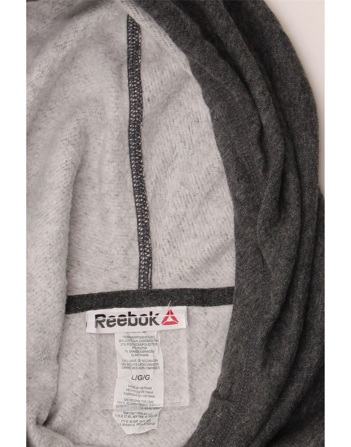 REEBOK Womens Graphic Hoodie Jumper UK 16 Large Grey Cotton Vintage Reebok and Second-Hand Reebok from Messina Hembry 