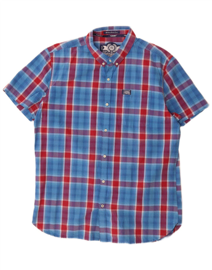 Camisa masculina Superdry de manga curta 2XL algodão xadrez azul