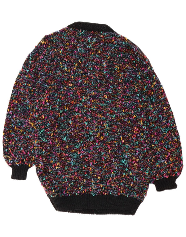 Suéter cardigã feminino vintage Reino Unido 14 médio multicolorido manchado