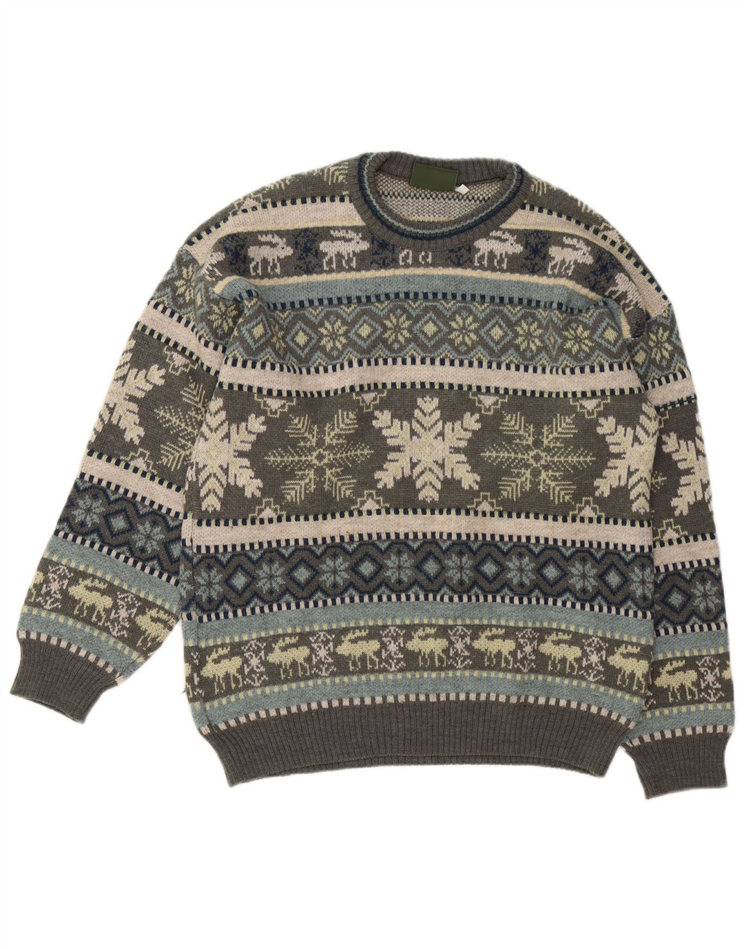 Suéter masculino Liberti com gola redonda, cinza médio, lã Fair Isle