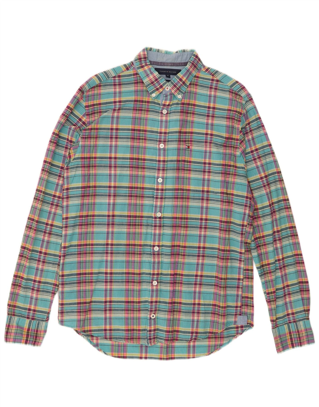 Camisa masculina Tommy Hilfiger New York Fit média turquesa xadrez algodão