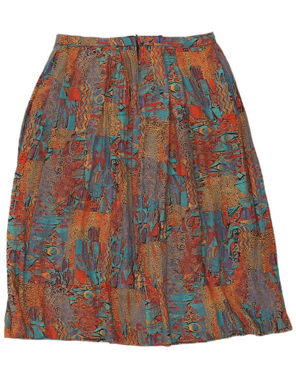 Saia feminina vintage evasê UK 8 pequena W34 viscose geométrica multicolorida