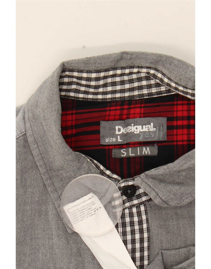 Camisa Slim Masculina Desigual Grande Algodão Xadrez Cinza